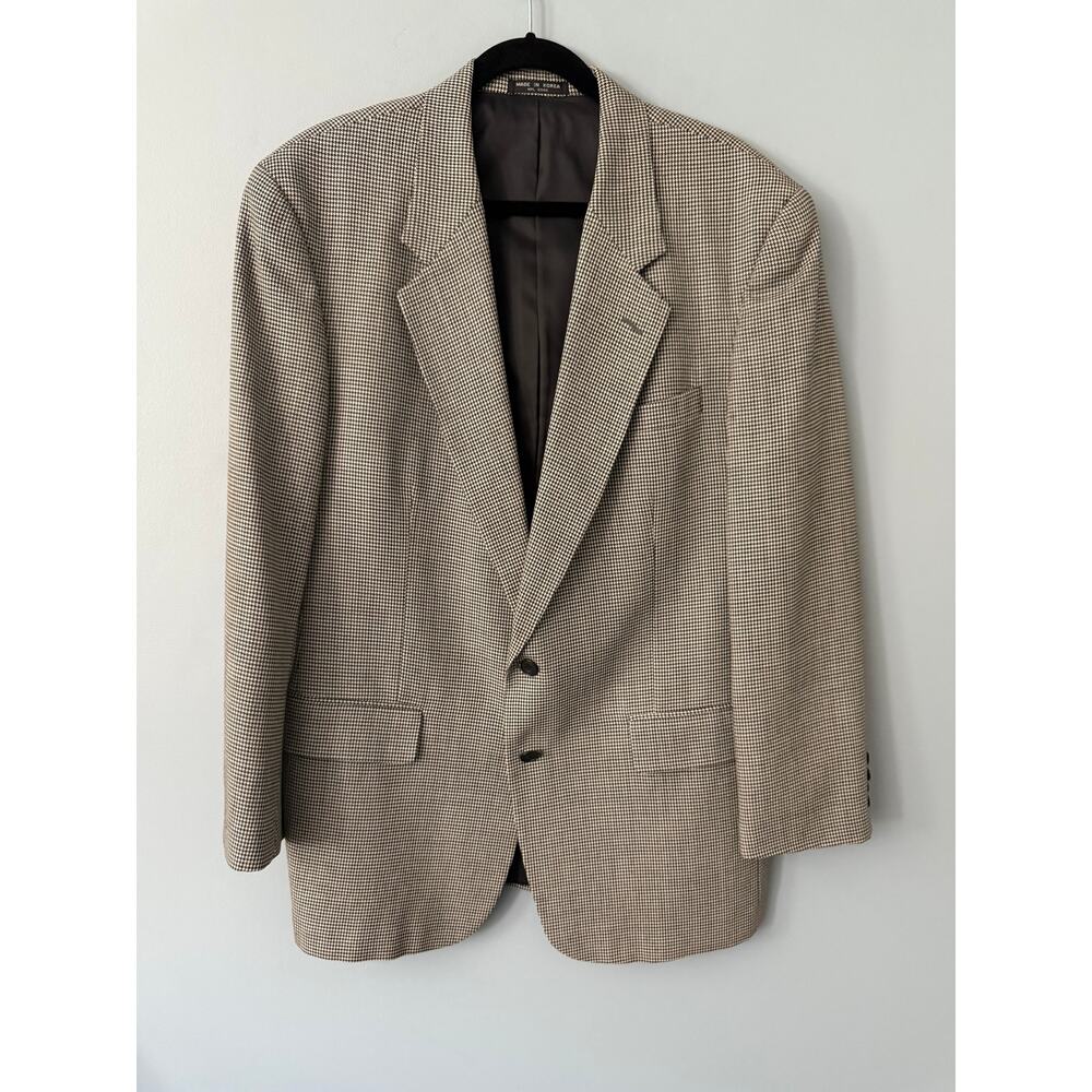 Vintage Macy’s Men’s Wool Blazer Jacket – Black & White Houndstooth – Size 44L